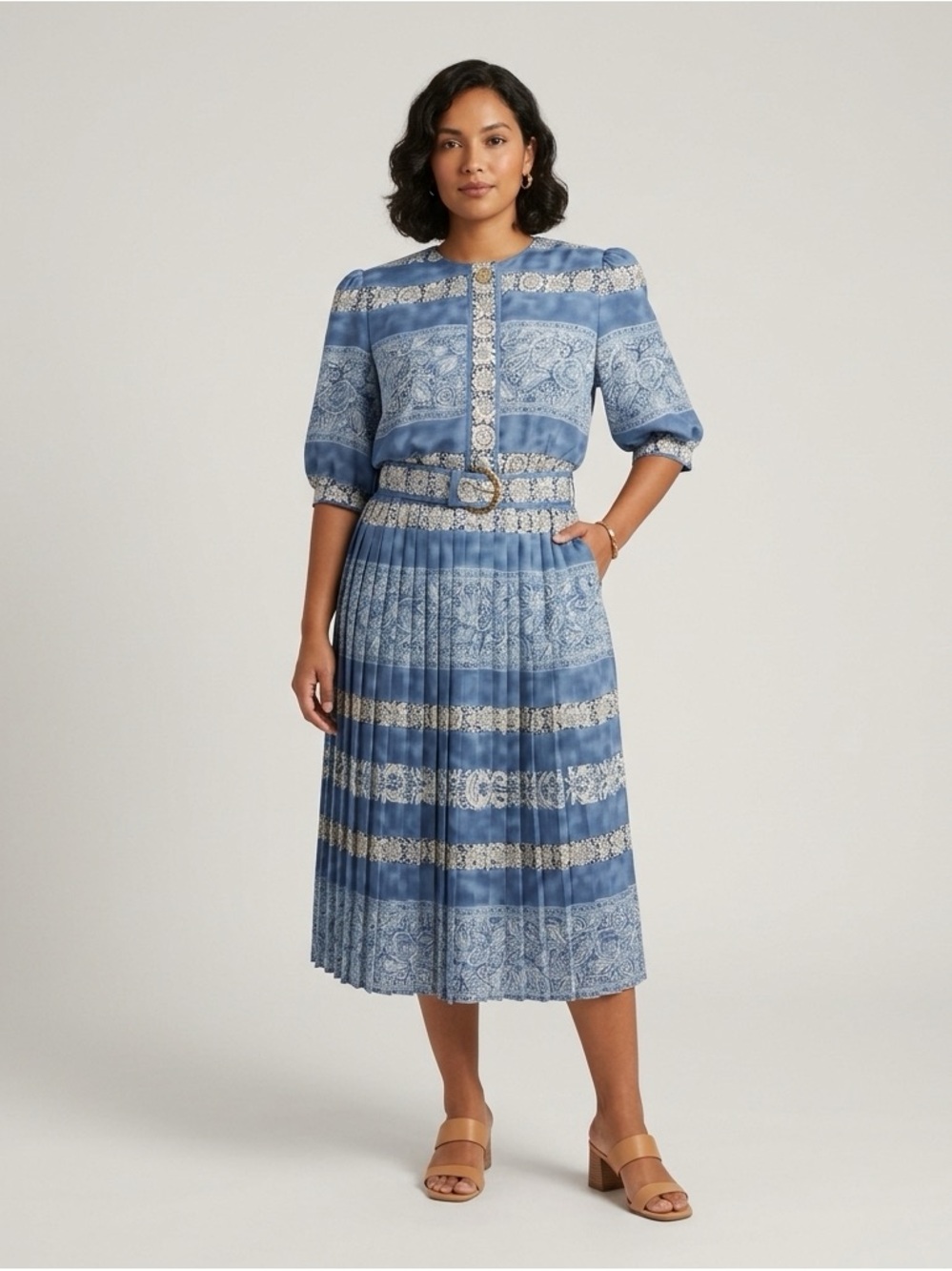 Lady Carol of New York Vintage pleated dress Puff Sleeve Midi with Belt size 12